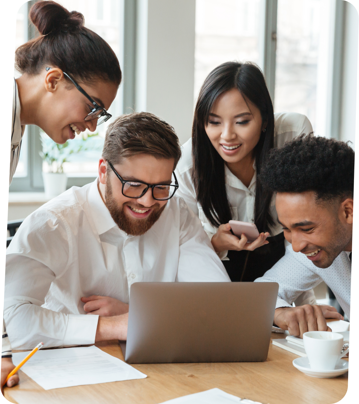 image of representing a group of office staffs watching a online video on a laptop